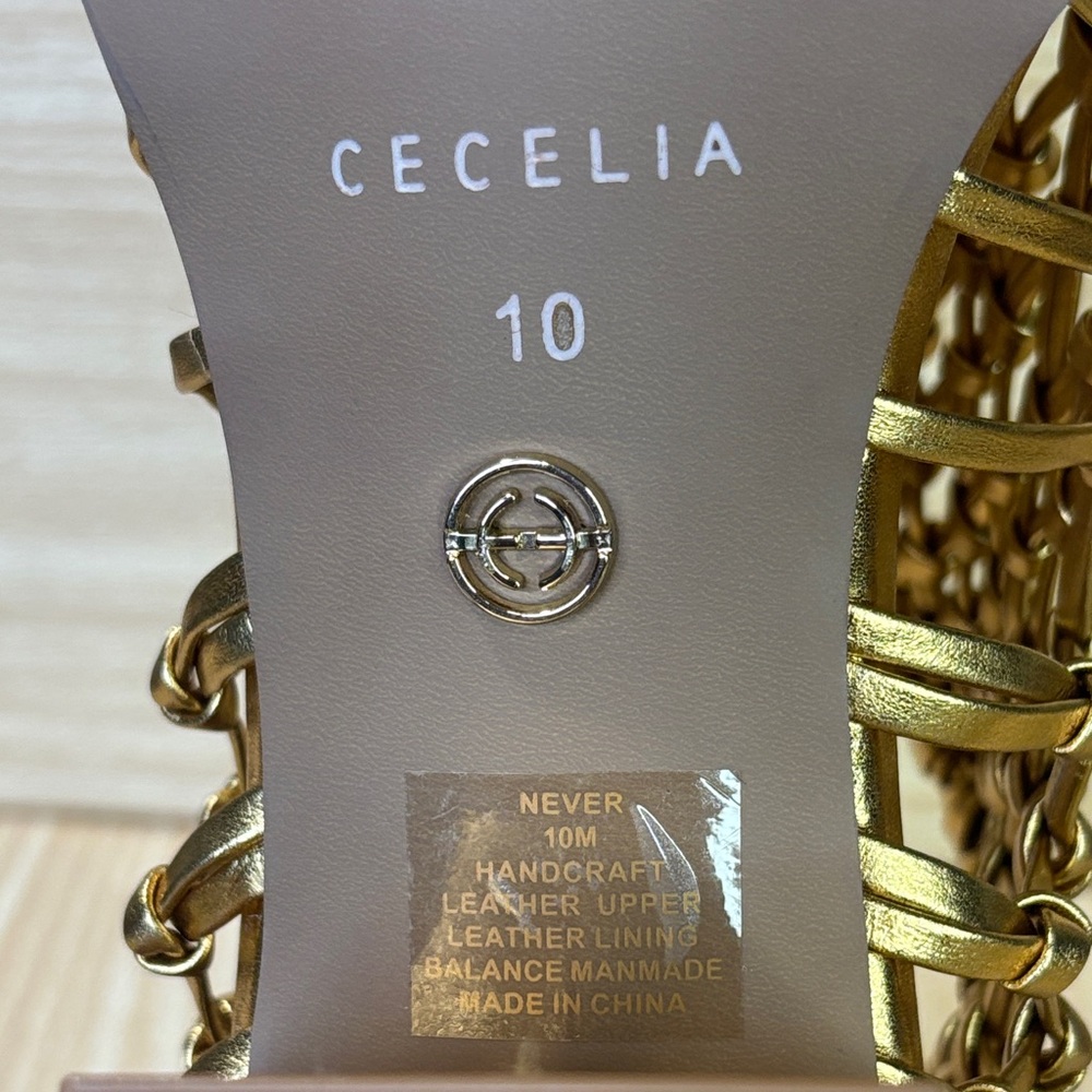 CECELIA Gold Woven Leather Block Heel Sandals 10 Statement Luxe - Picture 2 of 7